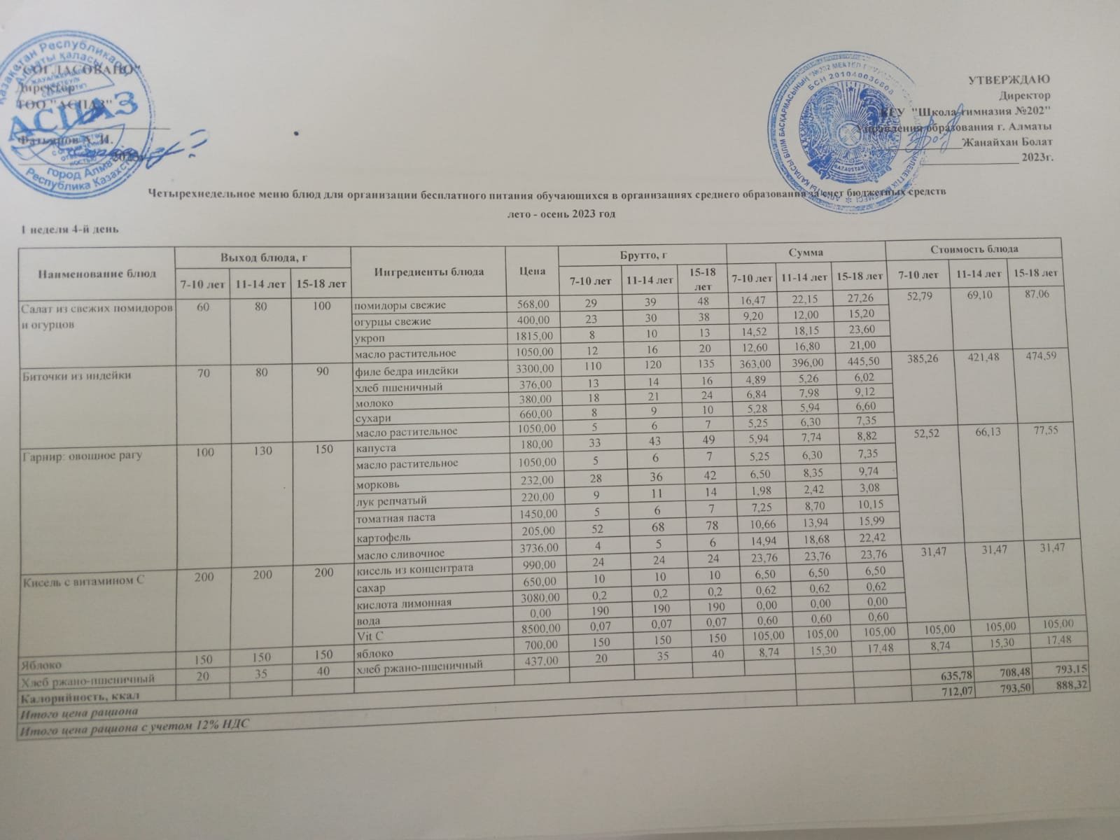 2023-2024 оқу жылындағы 9-қараша ас мәзірі