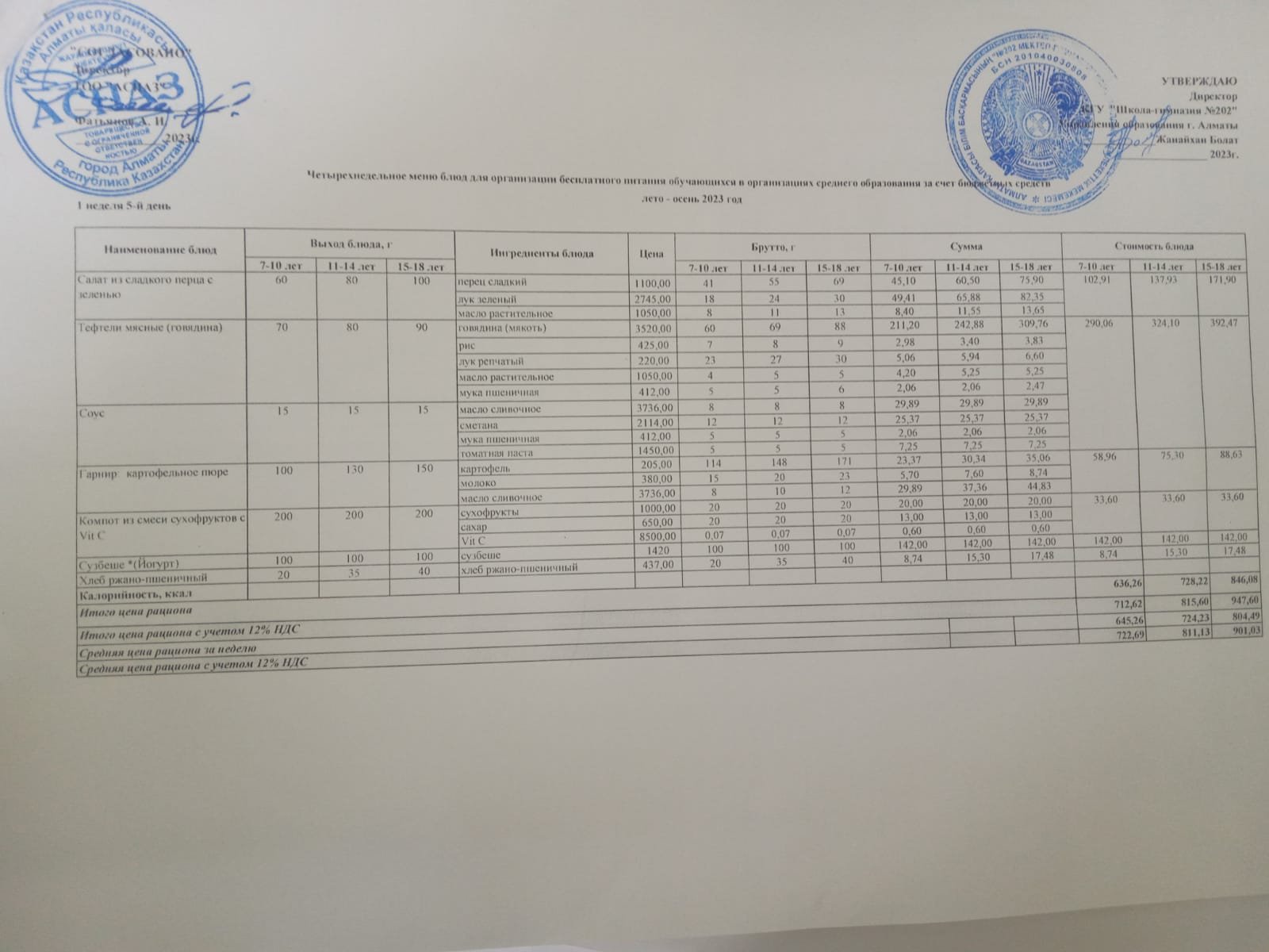 2023-2024 оқу жылындағы 10-қараша ас мәзірі