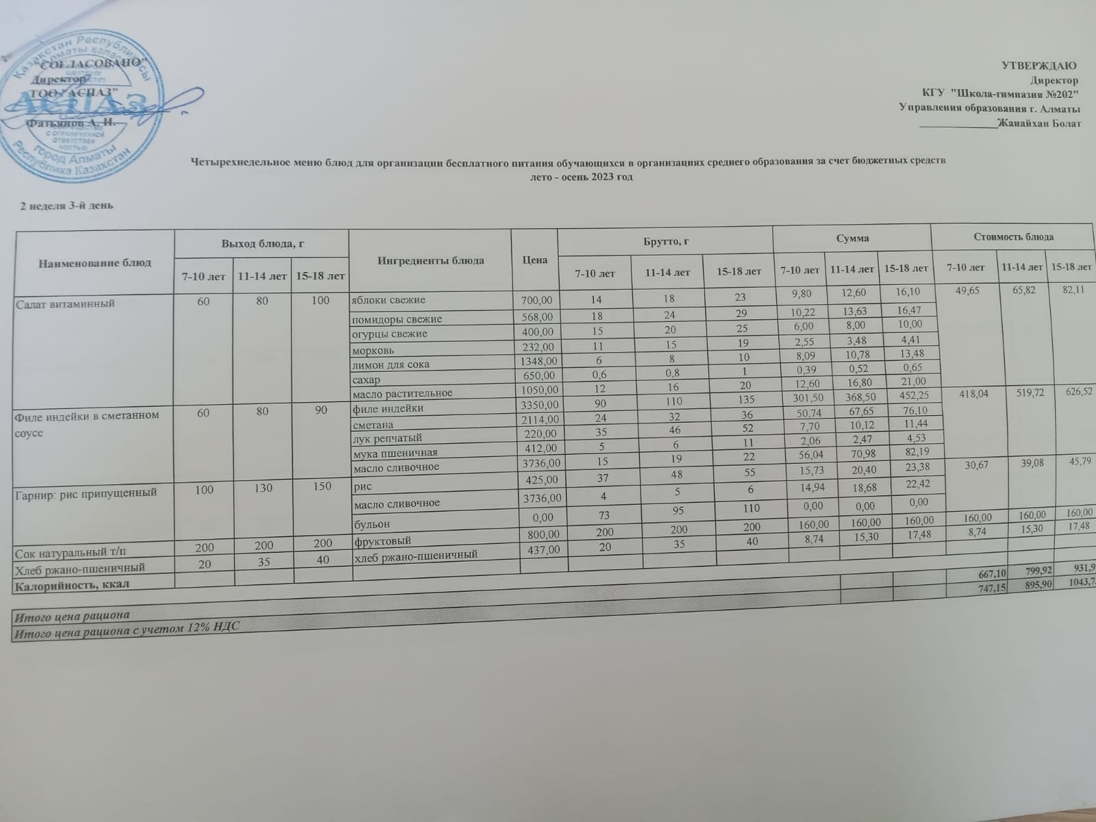 2023-2024 оқу жылындағы 15-қараша  ас мәзірі