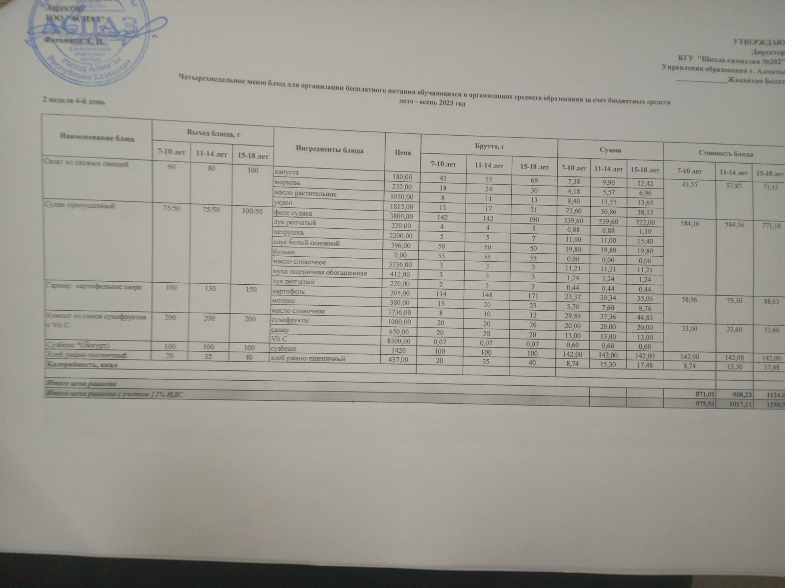 2023-2024 оқу жылындағы 16 - қараша ас мәзірі