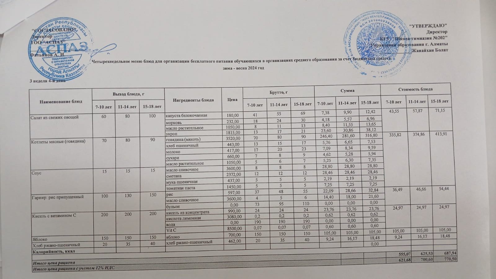 2023-2024 оқу жылы 18-сәуір ас мәзірі