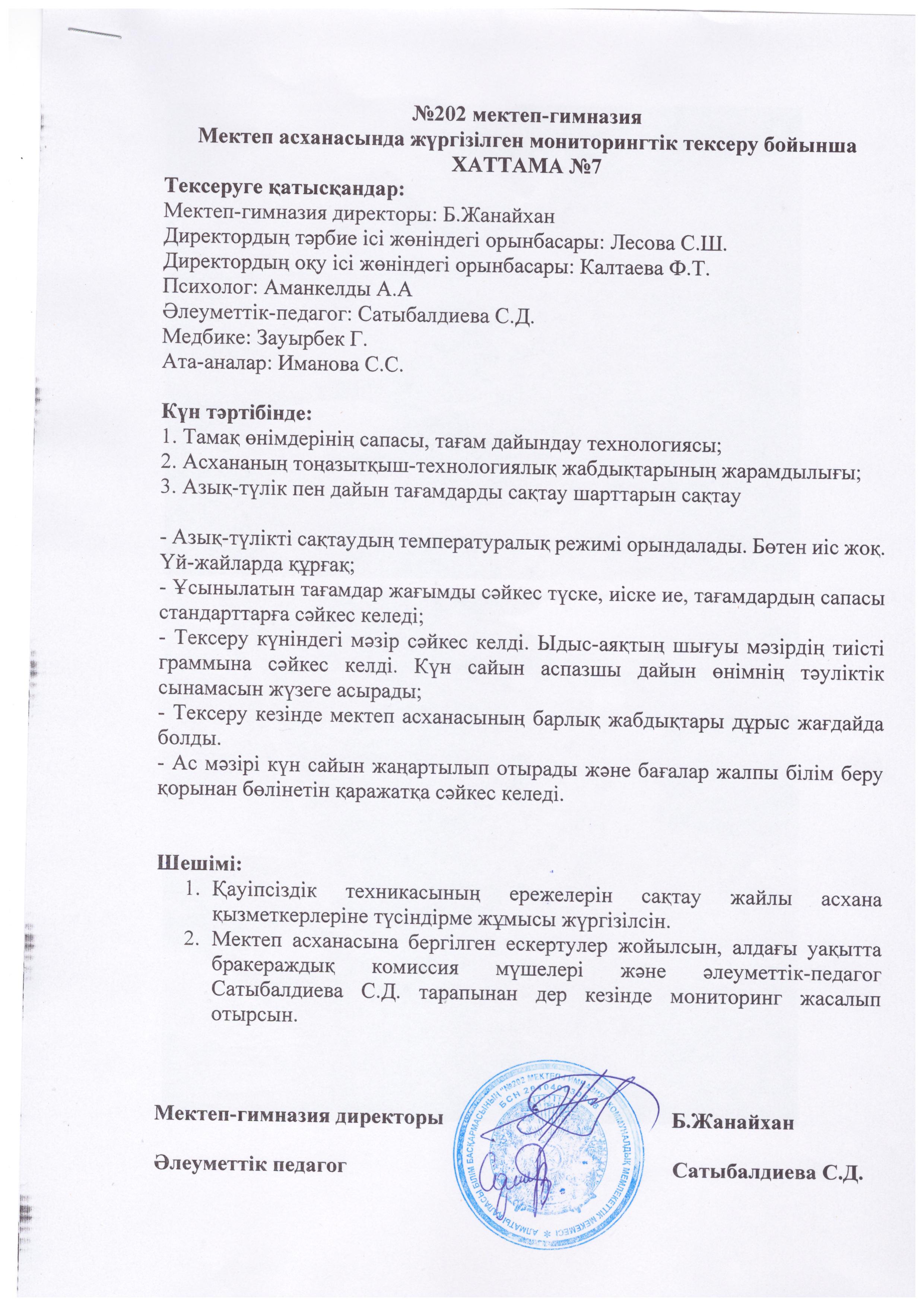 2024-2025 оқу жылындағы наурыз айына арналған бракеражды комиссияның тексерісі