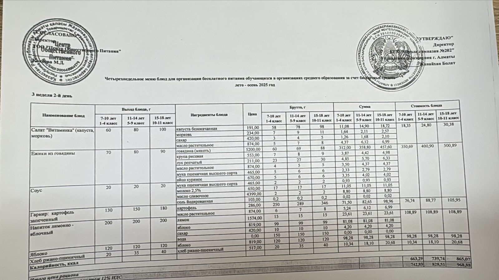 2025-2026 оқу жылындағы 16 қыркүйек күніне берілген ас мәзірі