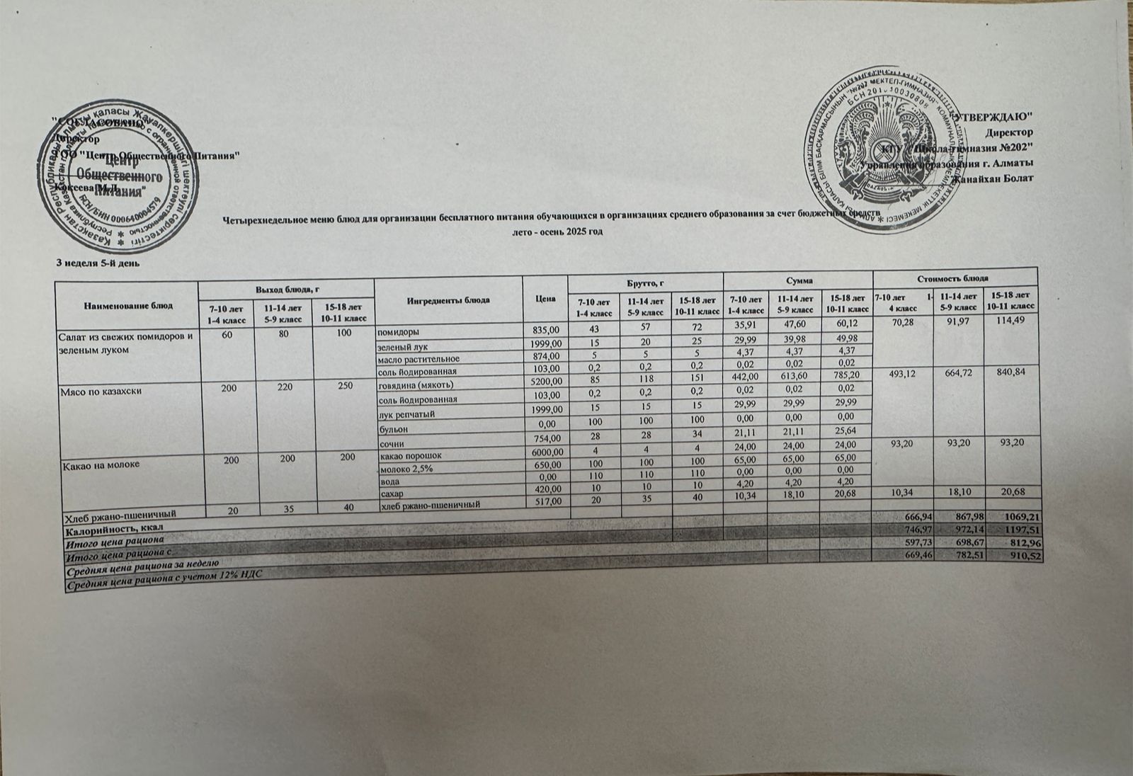 2025-2026 оқу жылындағы 19 қыркүйек күніне берілген ас мәзірі