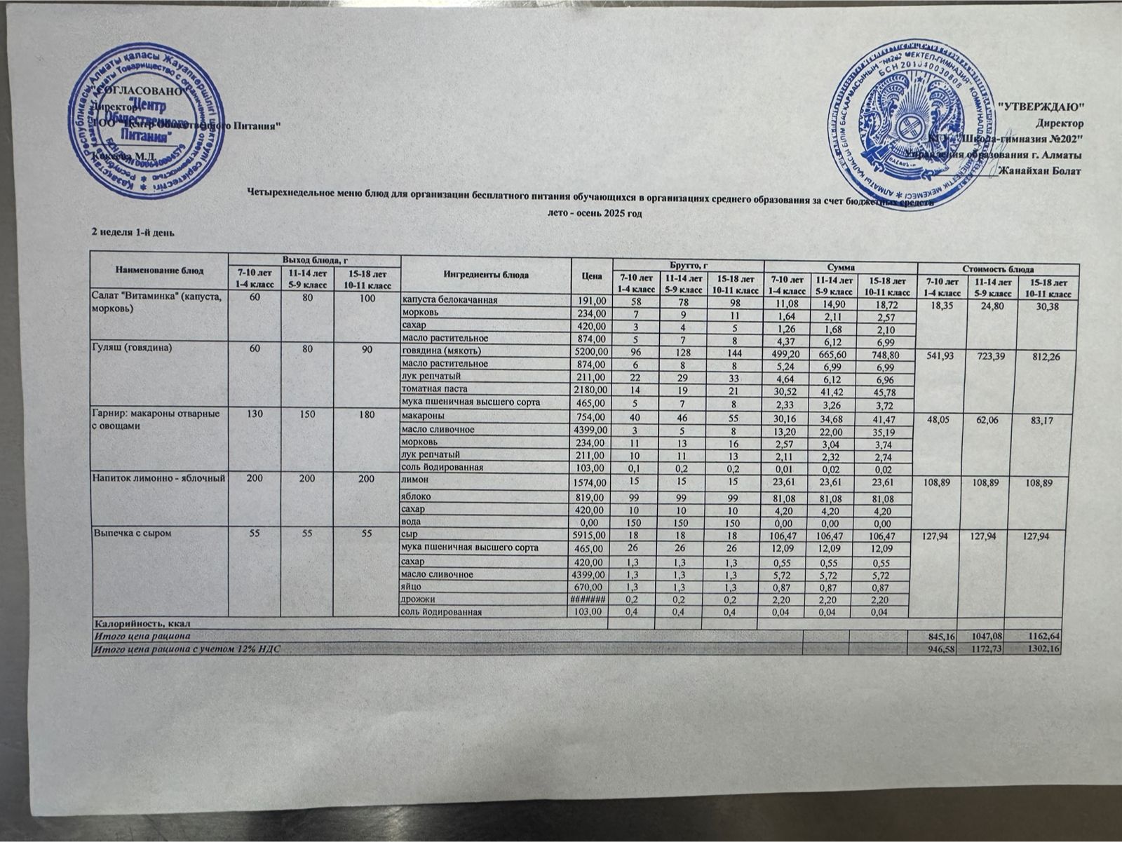 2025-2026 оқу жылындағы 06 қазан күніне берілген ас мәзірі