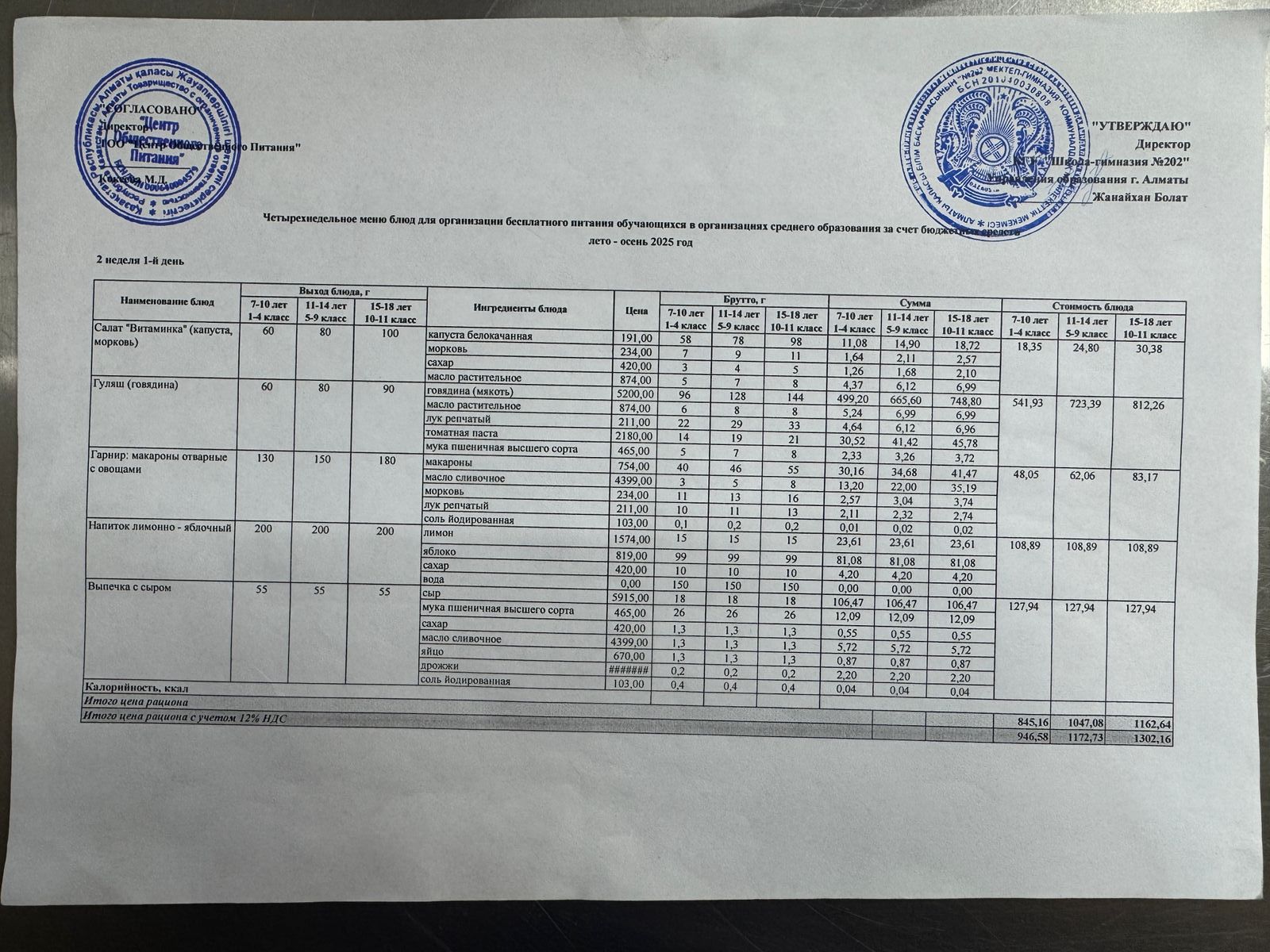 2025-2026 оқу жылындағы 10 қараша күніне берілген ас мәзірі