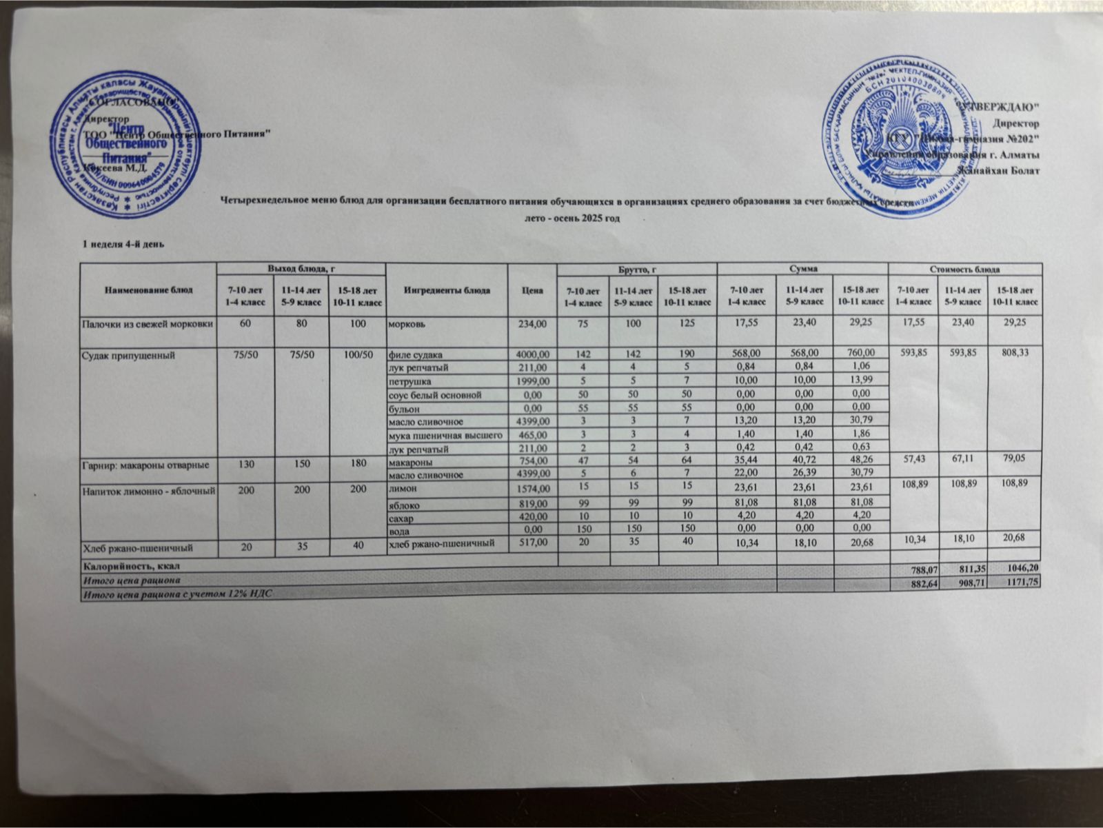 2025-2026 оқу жылындағы 06 қараша күніне берілген ас мәзірі