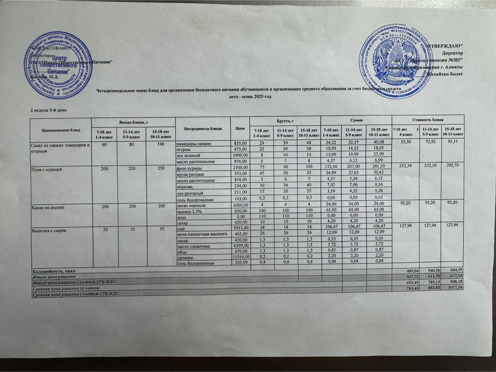 2025-2026 оқу жылындағы 14 қараша күніне берілген ас мәзірі