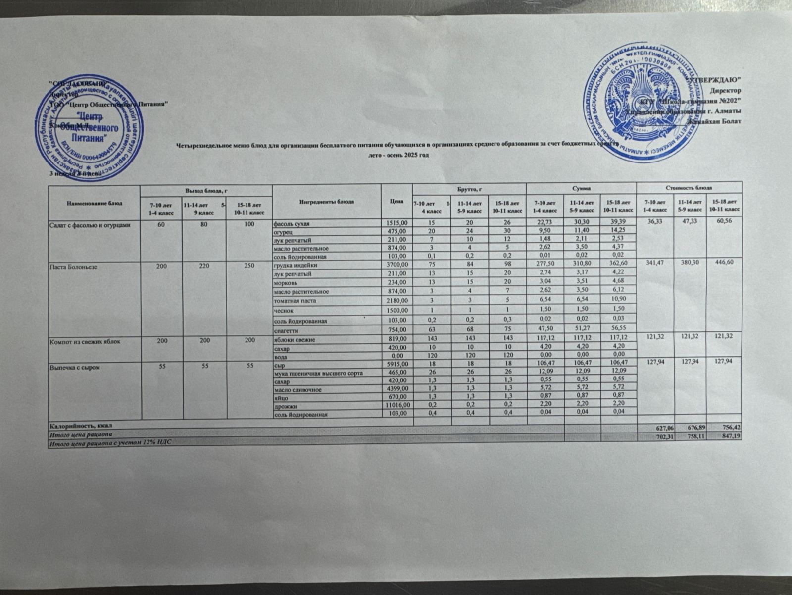 2025-2026 оқу жылындағы 19 қараша күніне берілген ас мәзірі