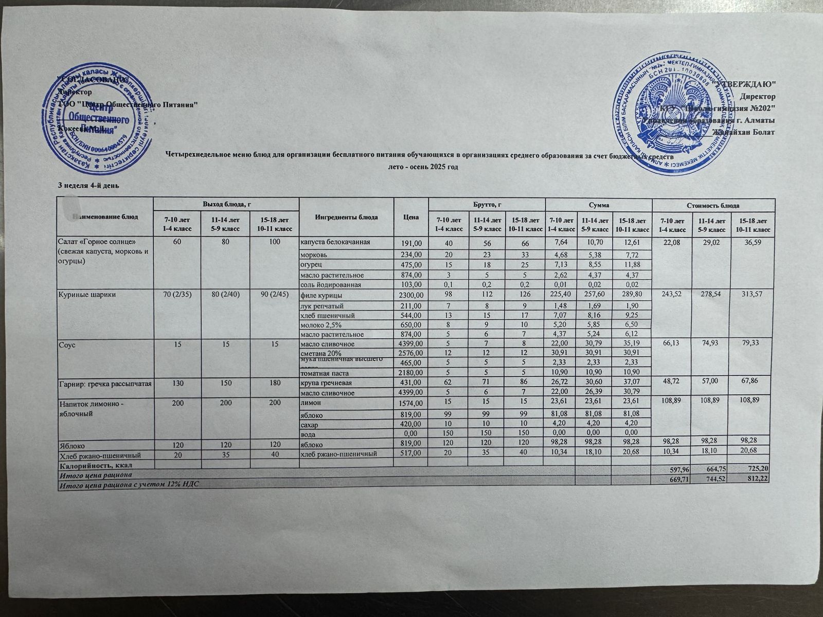 2025-2026 оқу жылындағы 20 қараша күніне берілген ас мәзірі