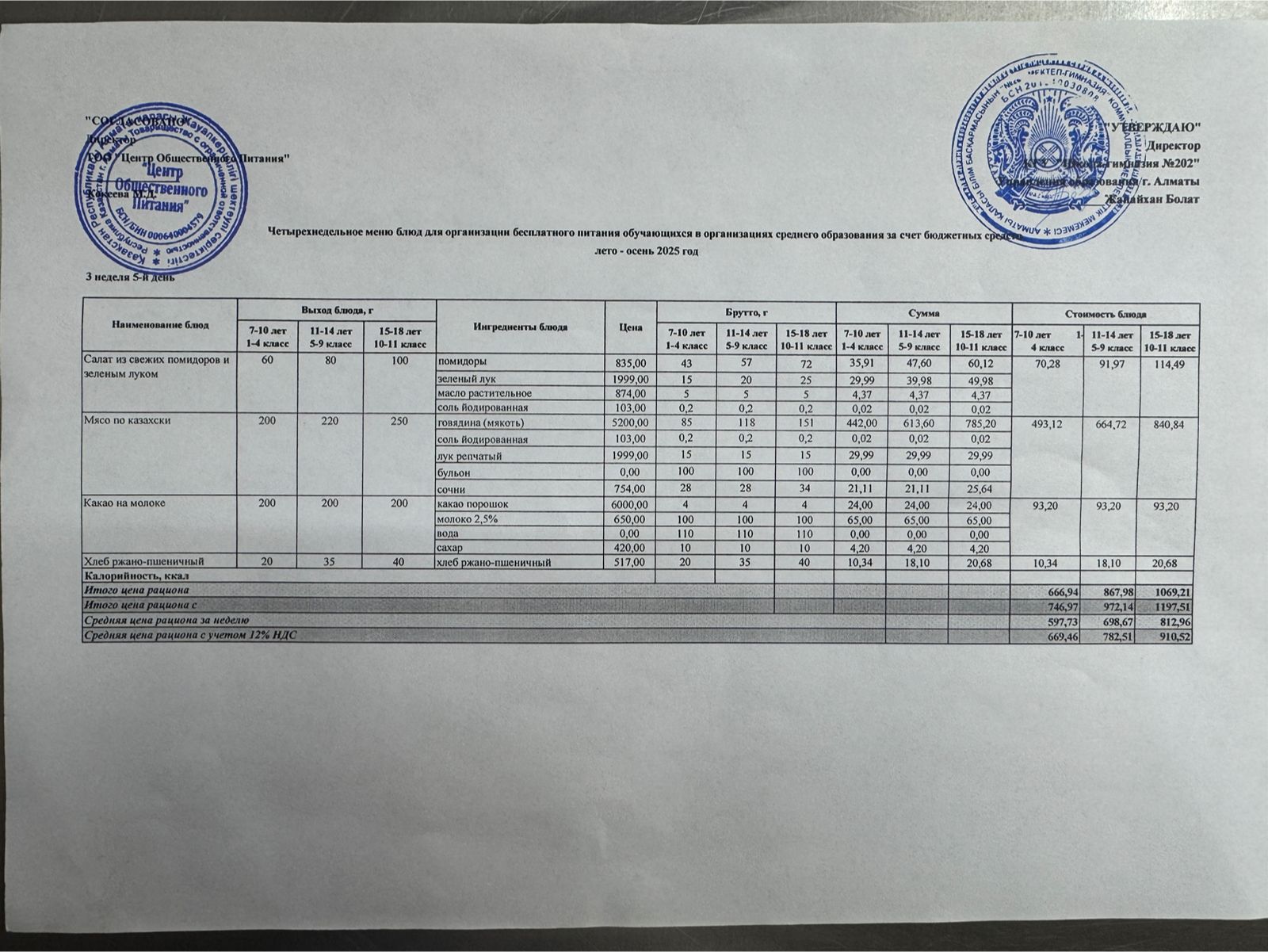 2025-2026 оқу жылындағы 21 қараша күніне берілген ас мәзірі