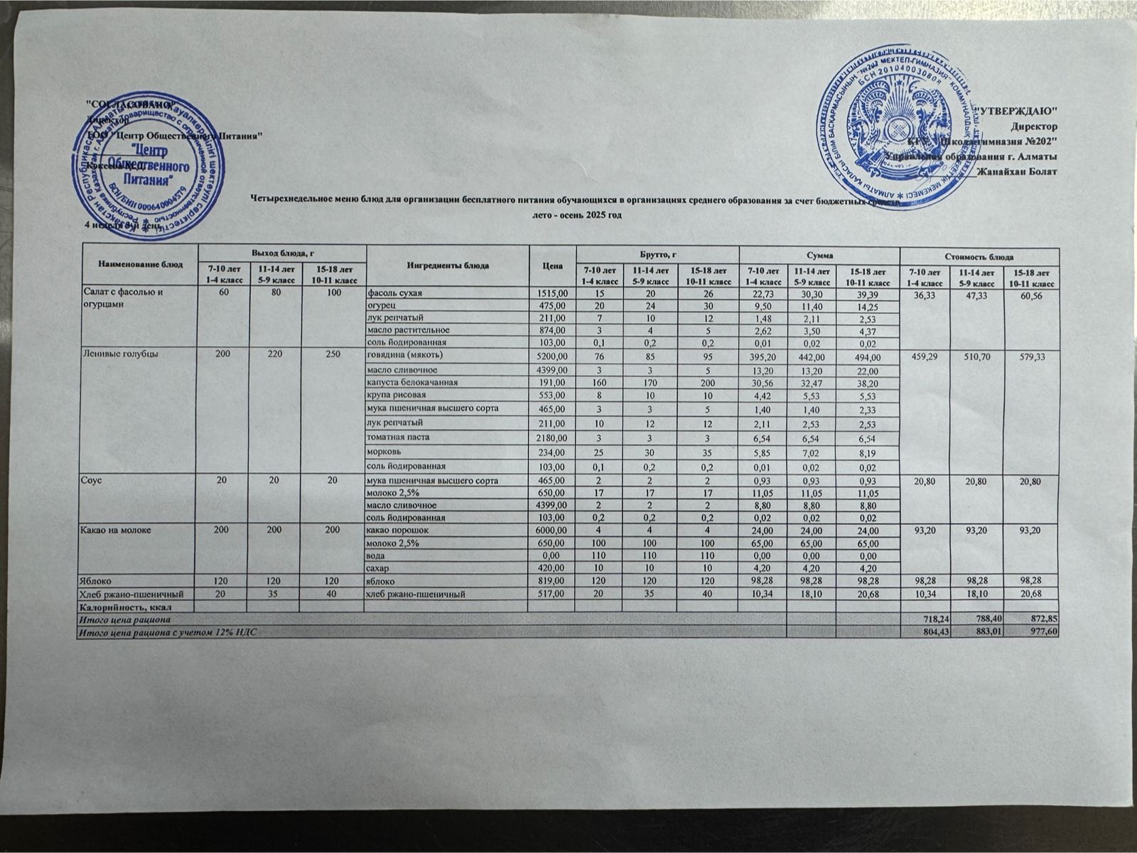 2025-2026 оқу жылындағы 26 қараша күніне берілген ас мәзірі