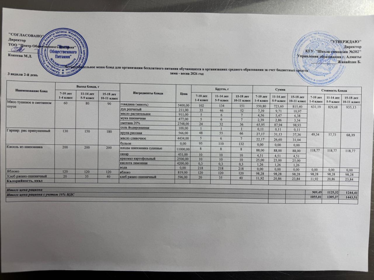 2025-2026 оқу жылындағы 20 қаңтар күніне берілген ас мәзірі