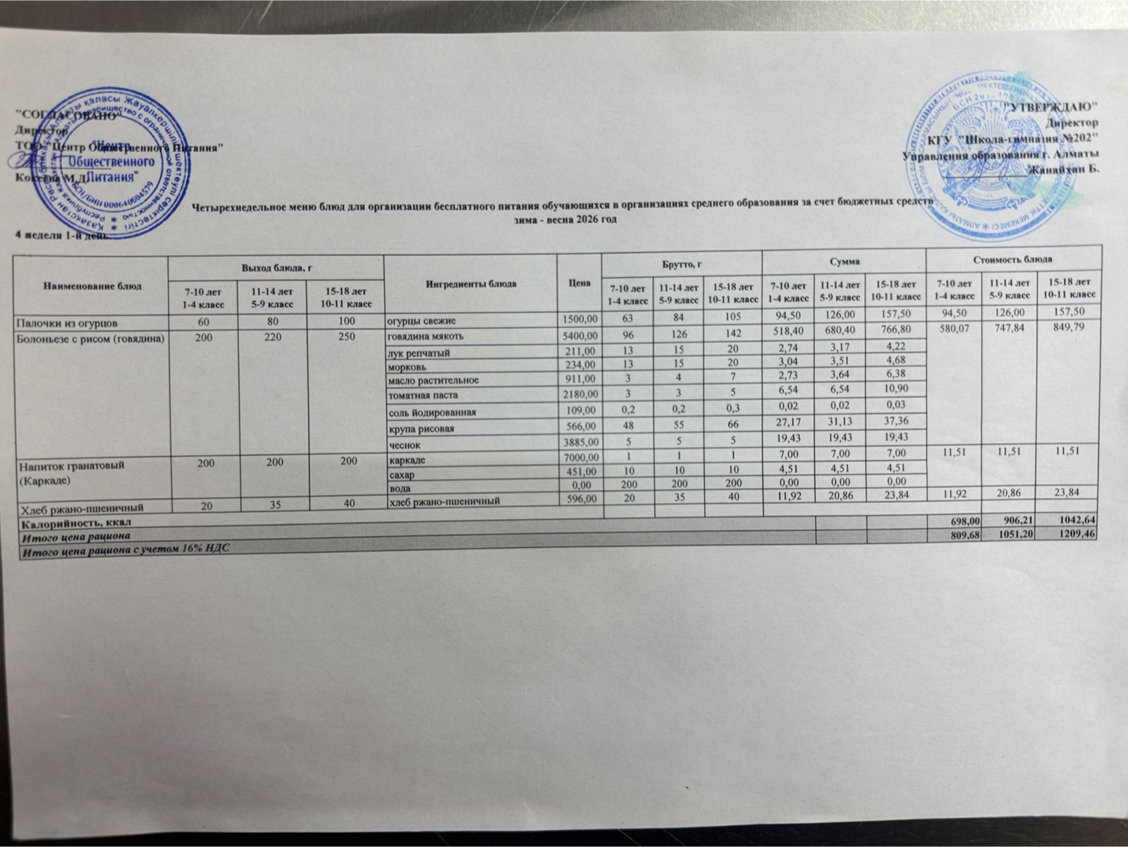 2025-2026 оқу жылындағы 26 қаңтар күніне берілген ас мәзірі