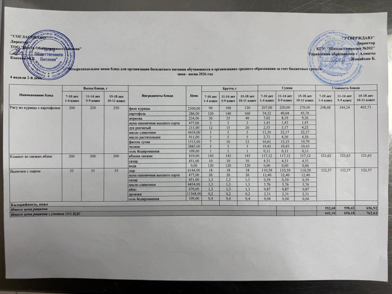 2025-2026 оқу жылындағы 27 қаңтар күніне берілген ас мәзірі