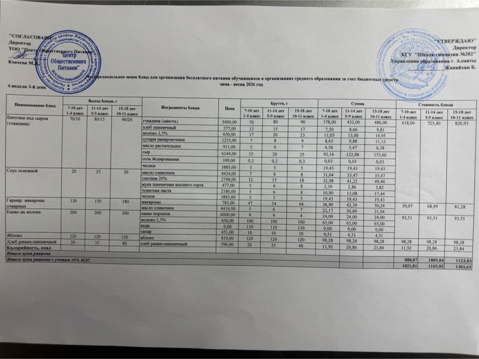 2025-2026 оқу жылындағы 28 қаңтар күніне берілген ас мәзірі