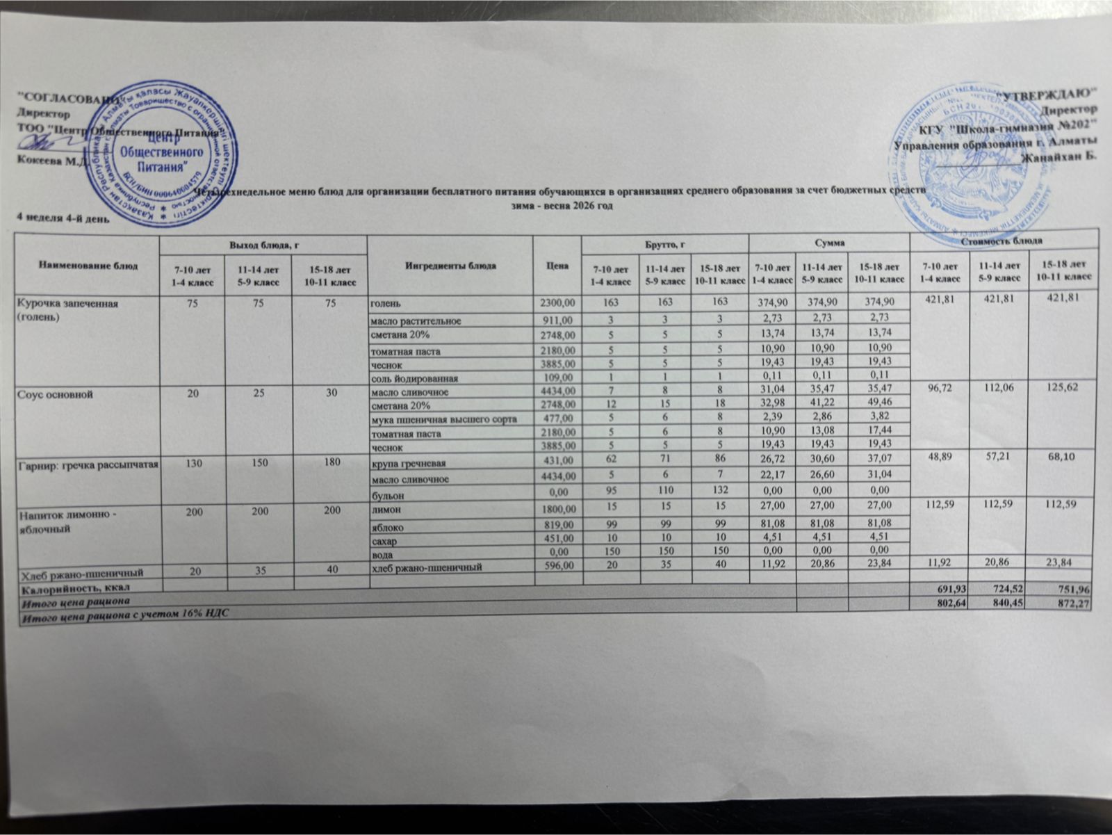 2025-2026 оқу жылындағы 29 қаңтар күніне берілген ас мәзірі