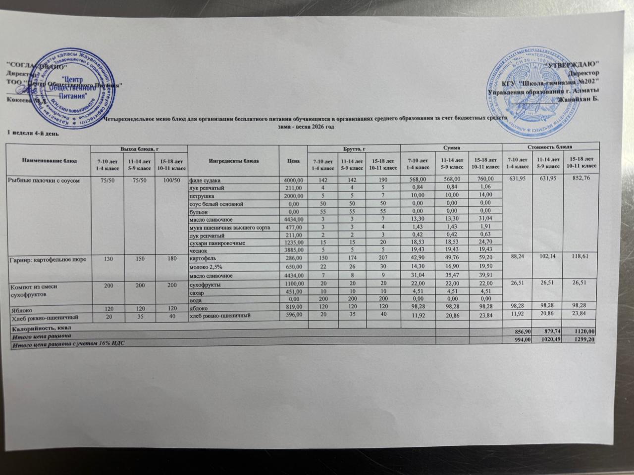 2025-2026 оқу жылындағы 5 ақпан күніне арналған тамақтану мәзірі