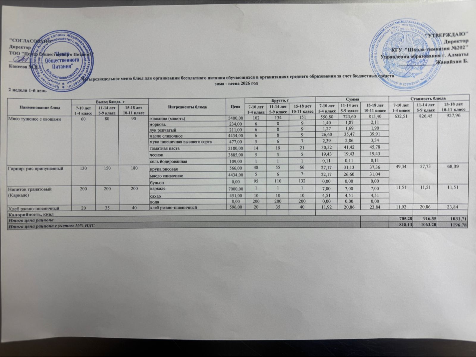 2025-2026 оқу жылындағы 9 ақпан күніне берілген ас мәзірі