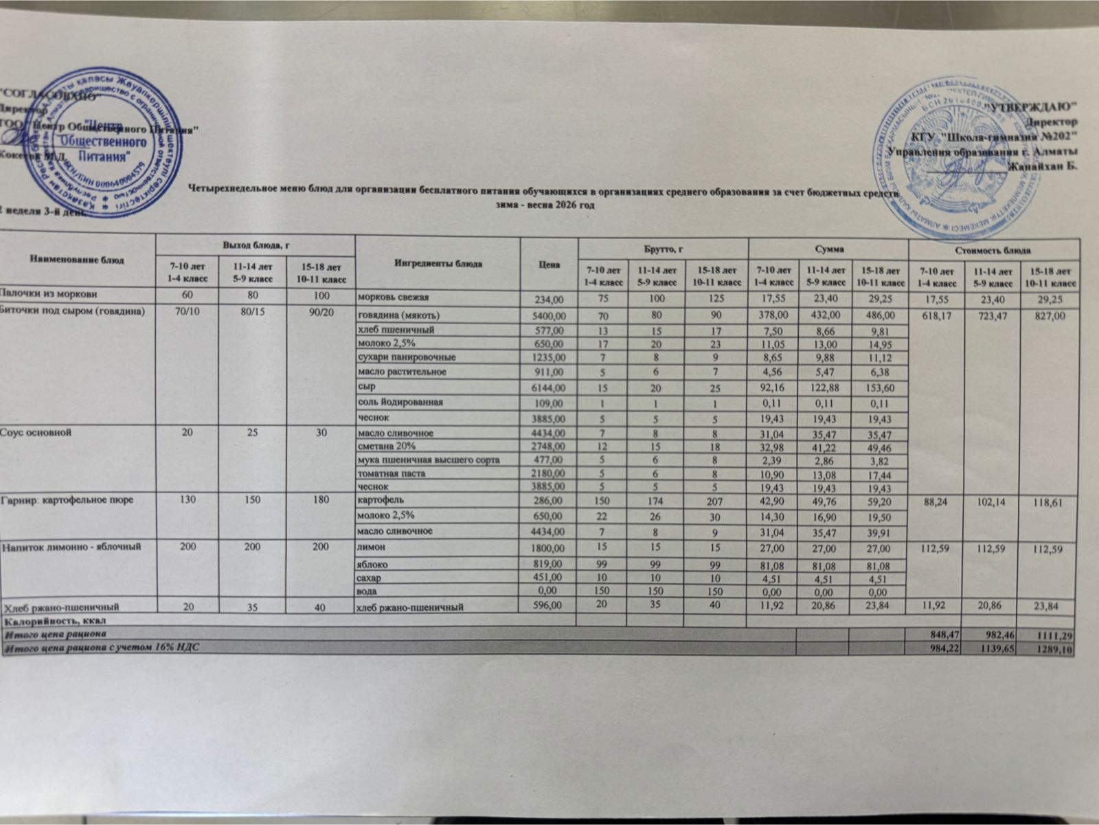 2025-2026 оқу жылындағы 11 ақпан күніне берілген ас мәзірі
