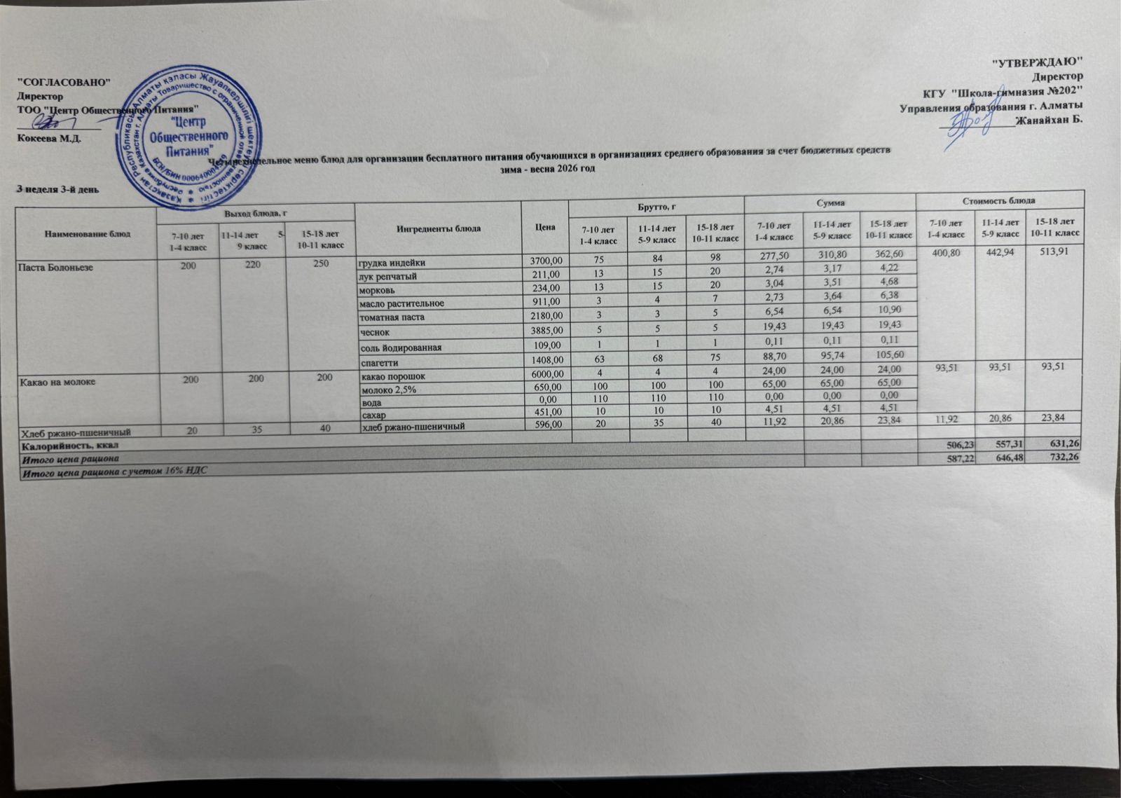 2025-2026 оқу жылындағы 18 ақпан күніне арналған ас мәзірі