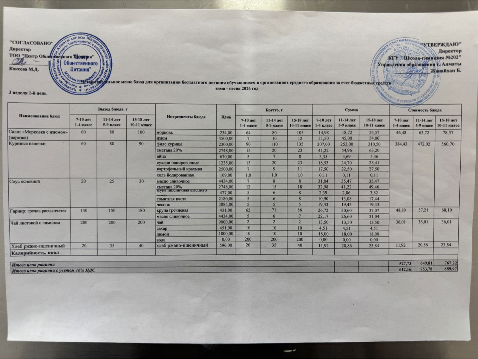 2025-2026 оқу жылындағы 16 наурыз күніне берілген ас мәзірі
