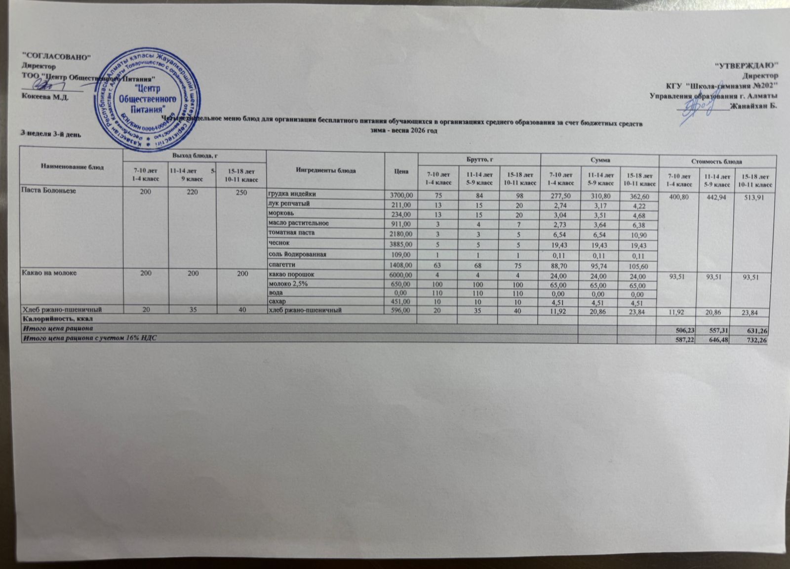 2025-2026 оқу жылындағы 18 наурыз күніне берілген ас мәзірі