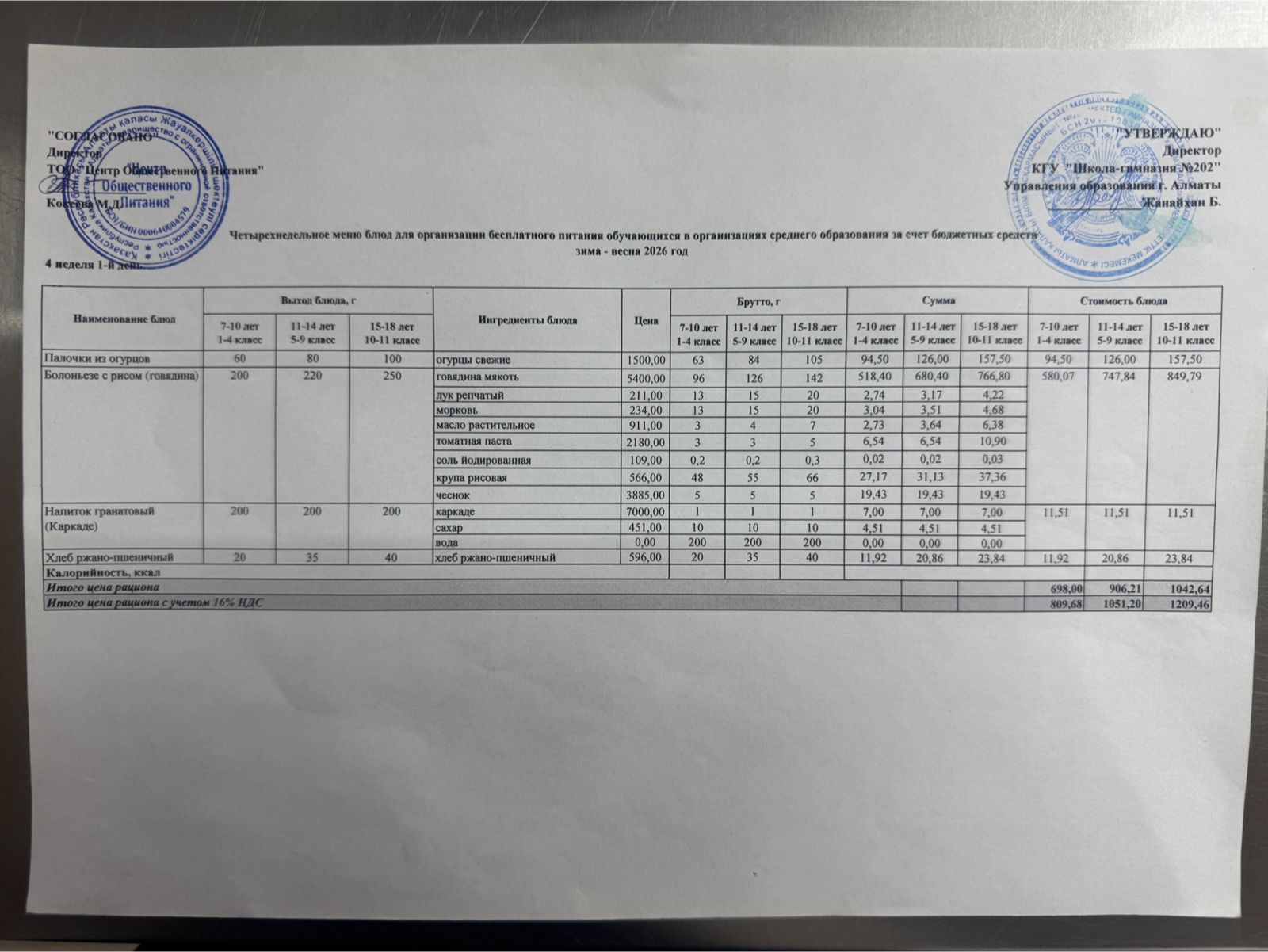 2025-2026 оқу жылындағы 27 сәуір күніне берілген ас мәзірі