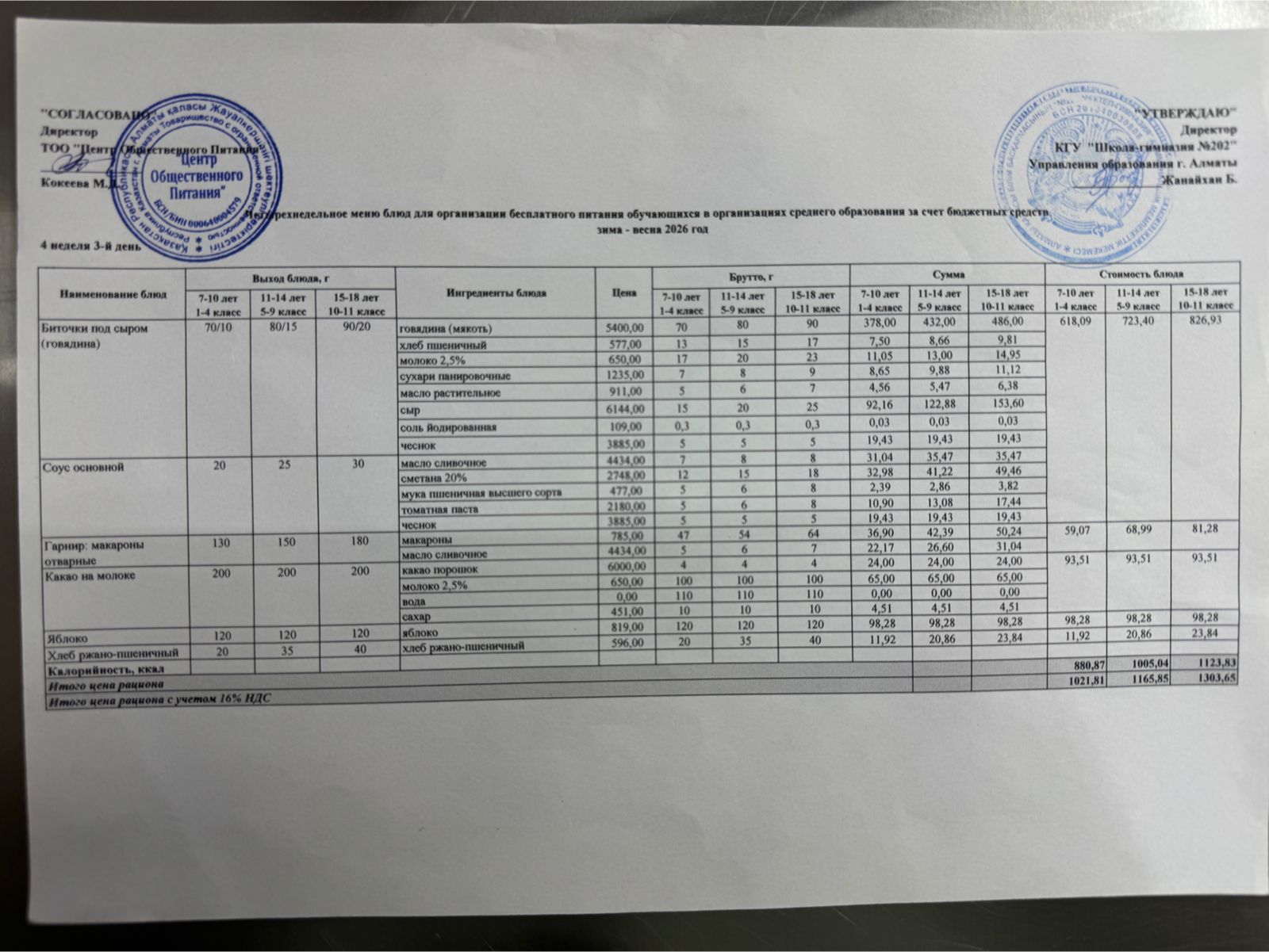 2025-2026 оқу жылындағы 29 сәуір күніне берілген ас мәзірі