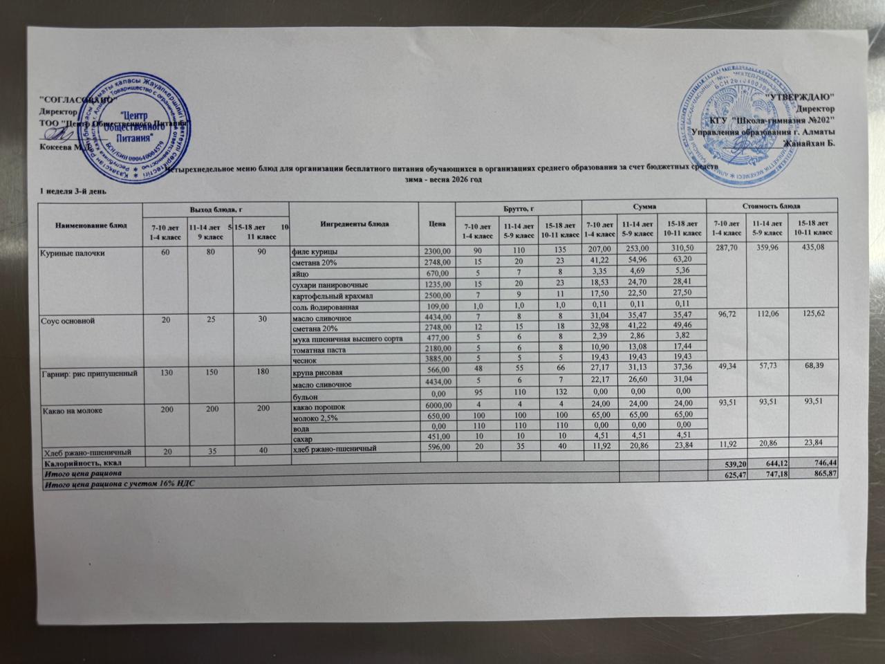 2025-2026 оқу жылындағы 6 мамыр күніне берілген ас мәзірі