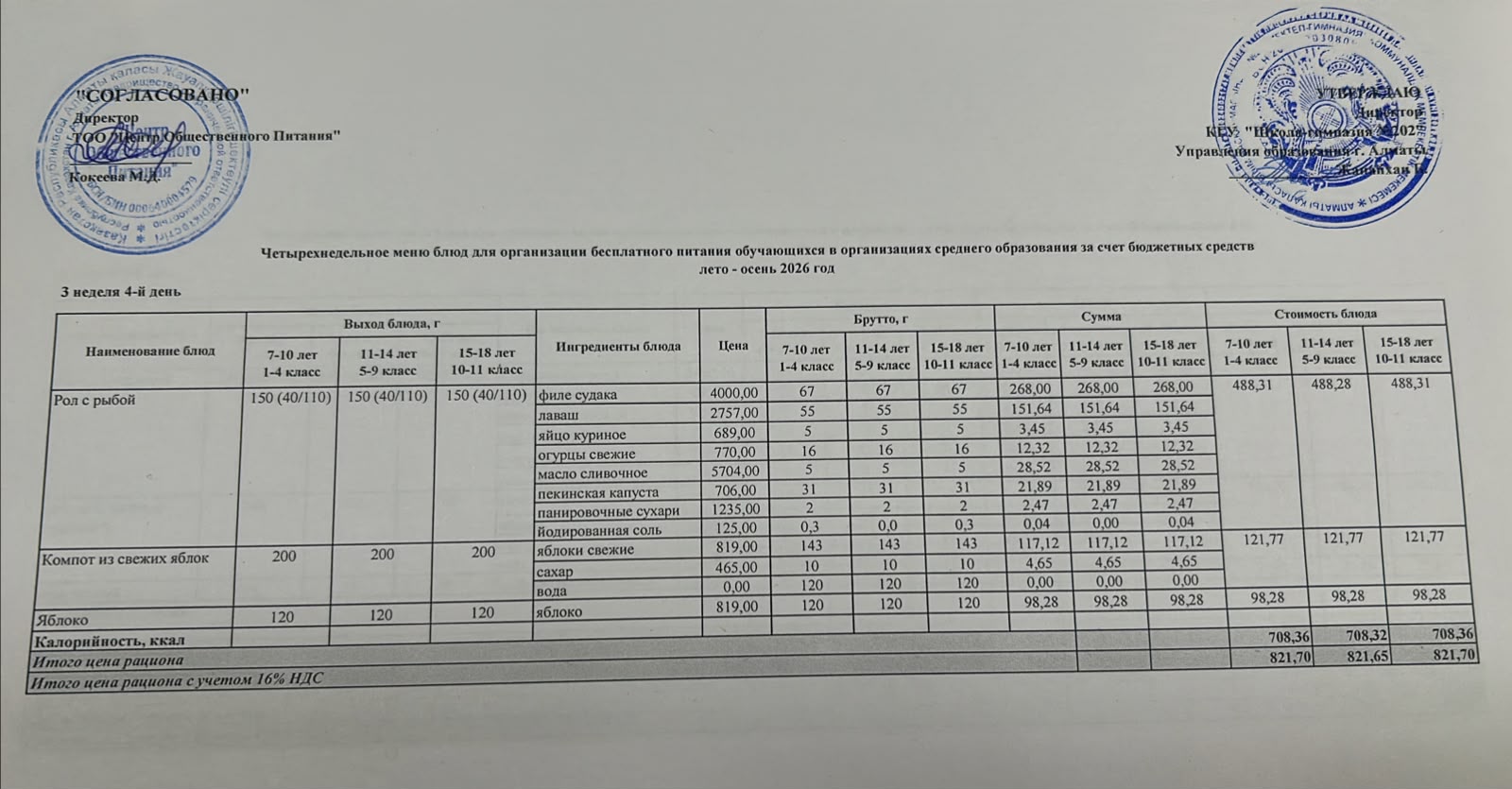 2026-2027 оқу жылындағы 17 қыркүйек күніне берілген ас мәзірі
