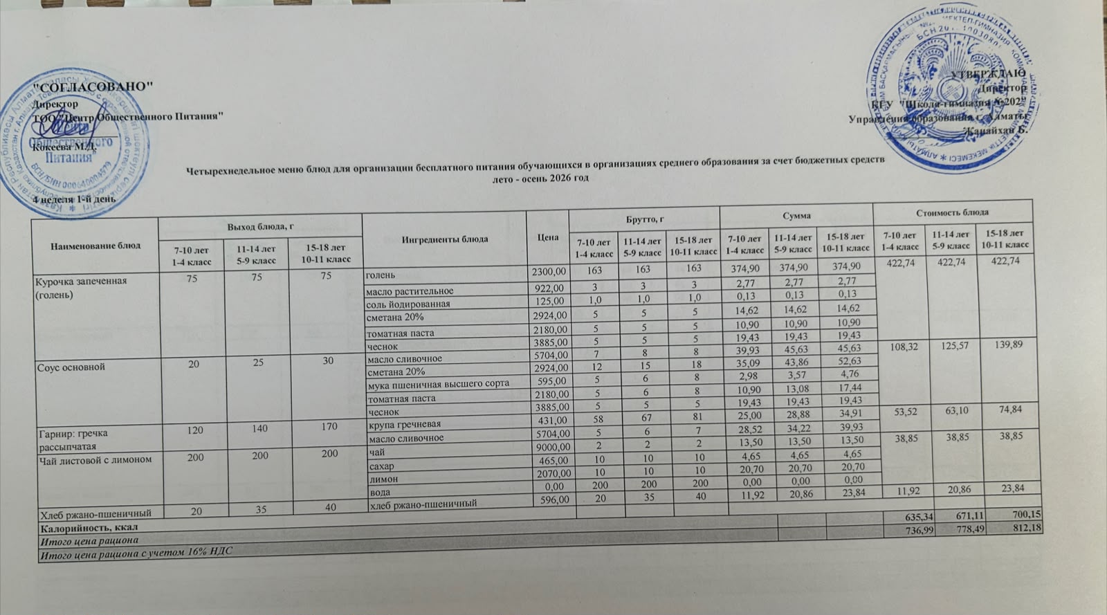 2026-2027 оқу жылындағы 21 қыркүйек күніне берілген ас мәзірі