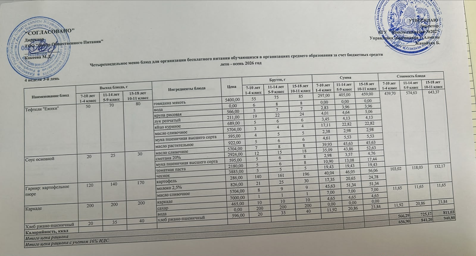 2026-2027 оқу жылындағы 23 қыркүйек күніне берілген ас мәзірі