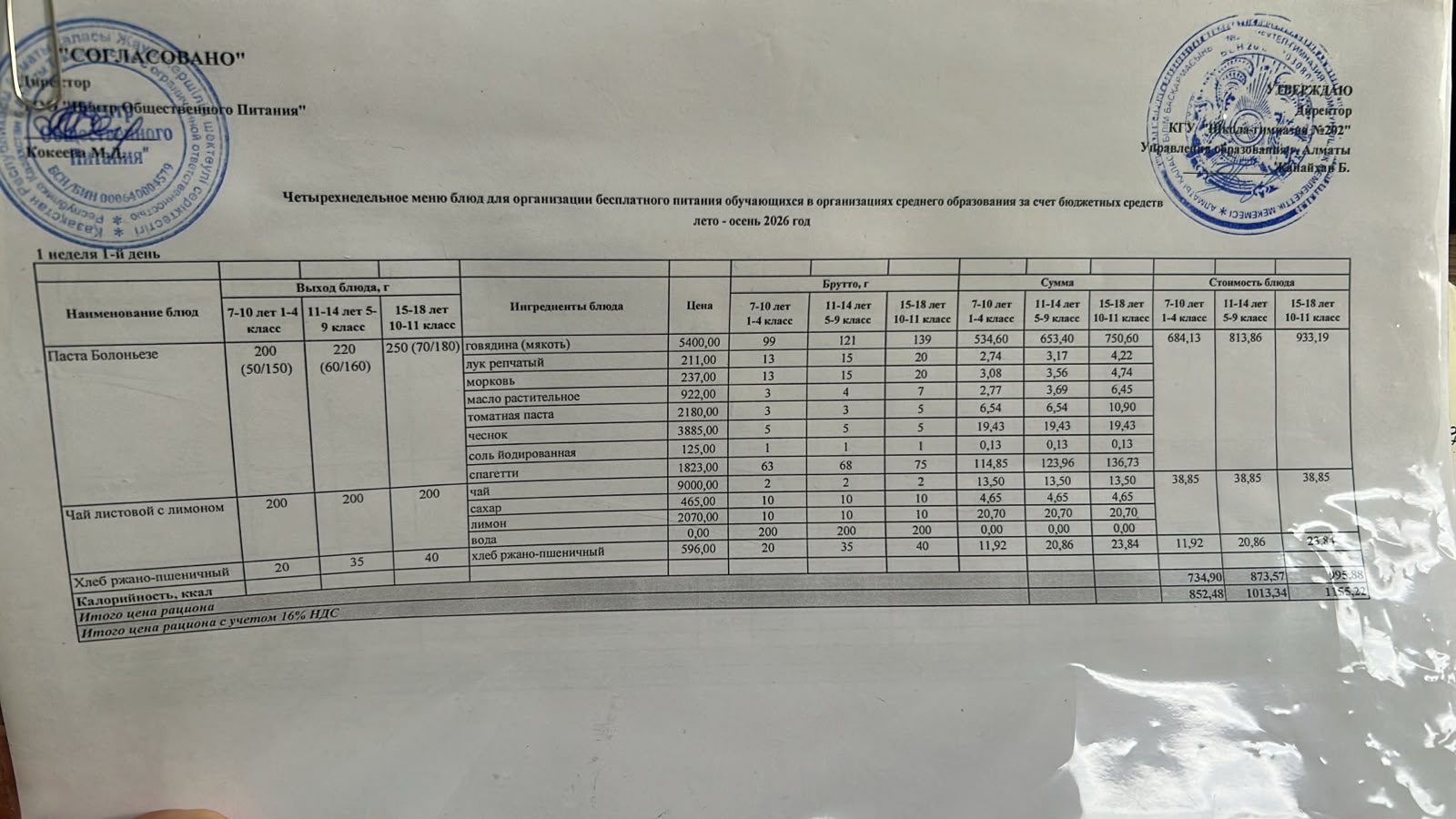 2026-2027 оқу жылындағы 28 қыркүйек күніне берілген ас мәзірі