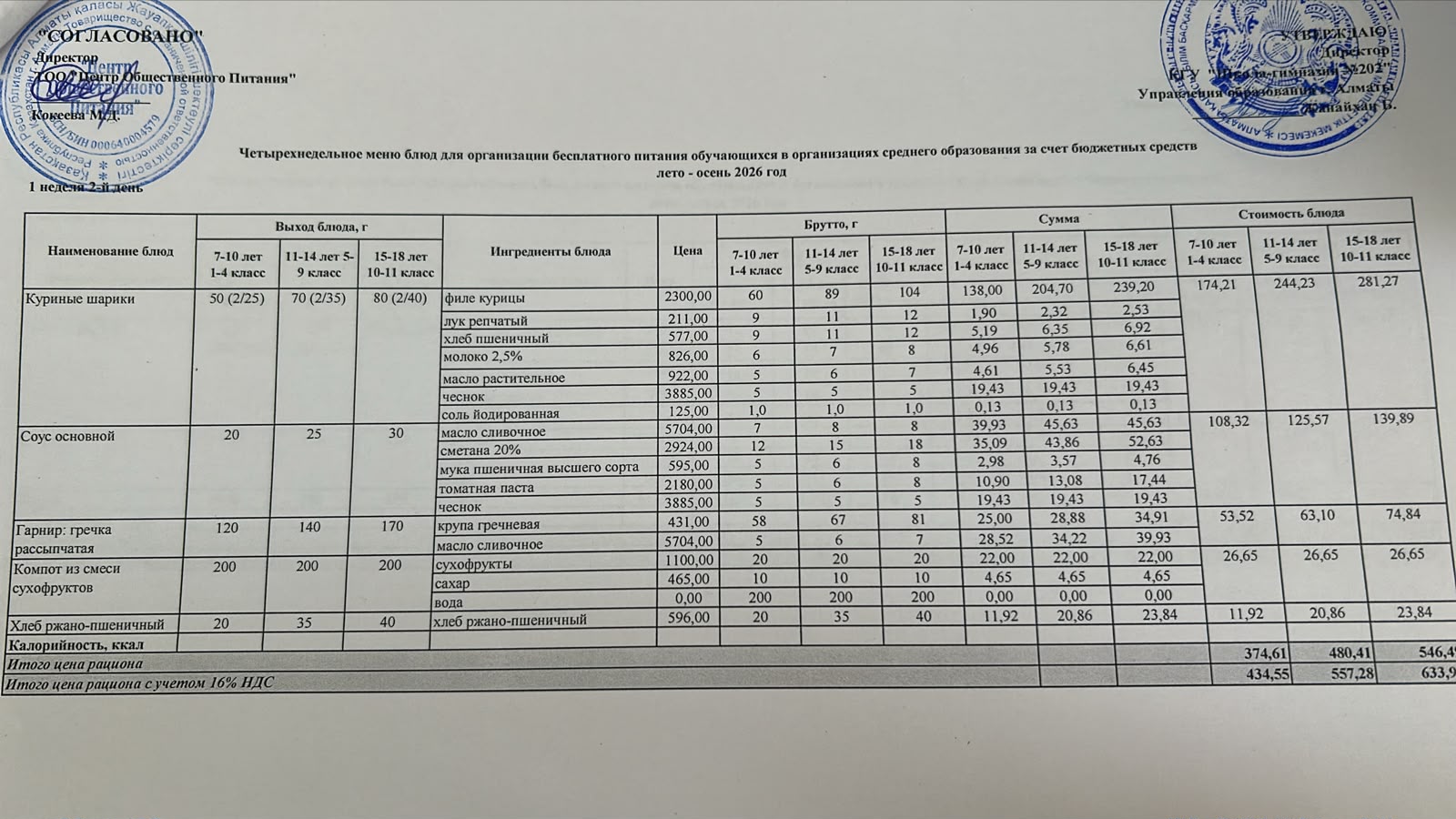 2026-2027 оқу жылындағы 29 қыркүйек күніне берілген ас мәзірі