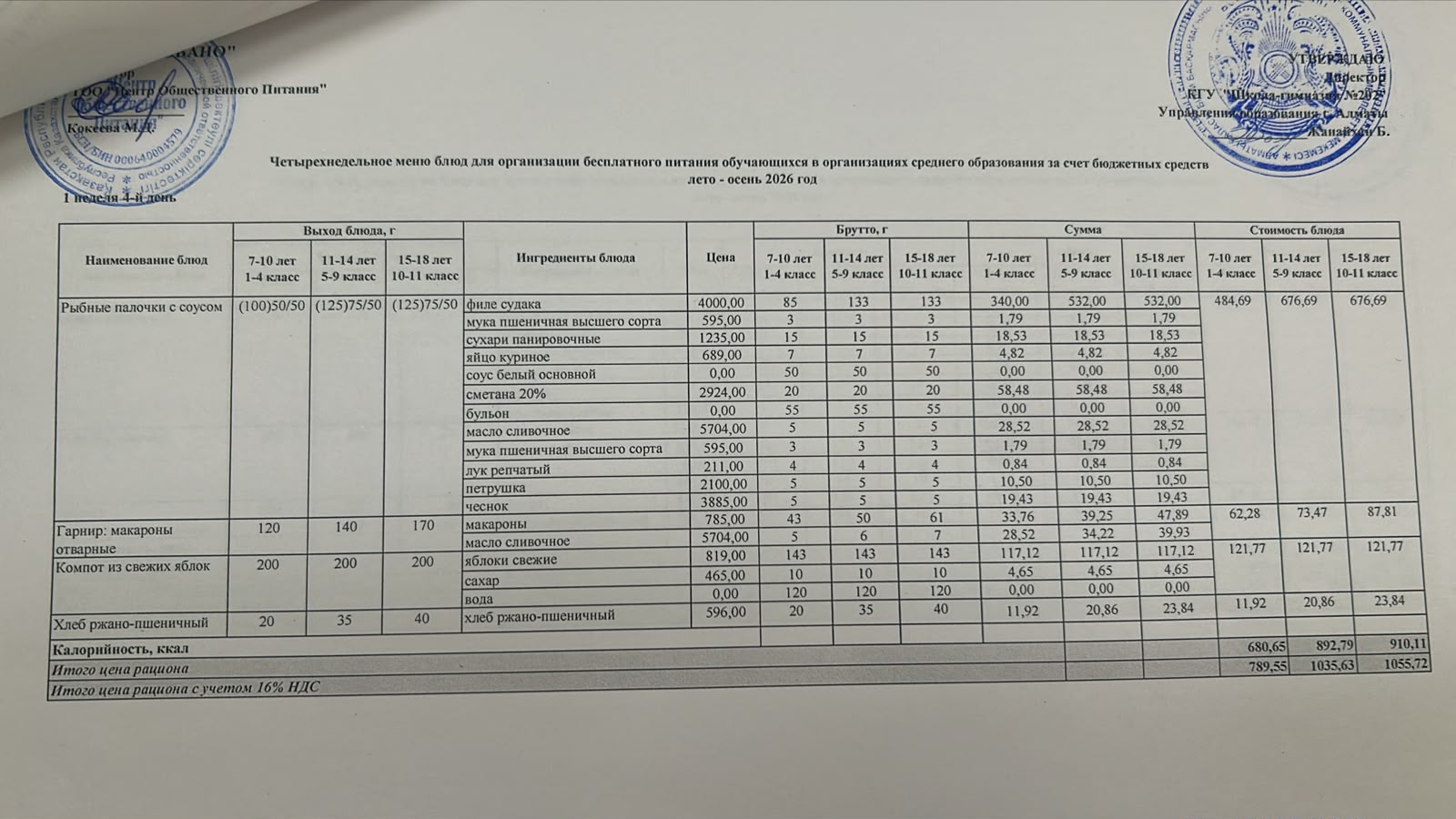 2026-2027 оқу жылындағы 1 қазан күніне берілген ас мәзірі