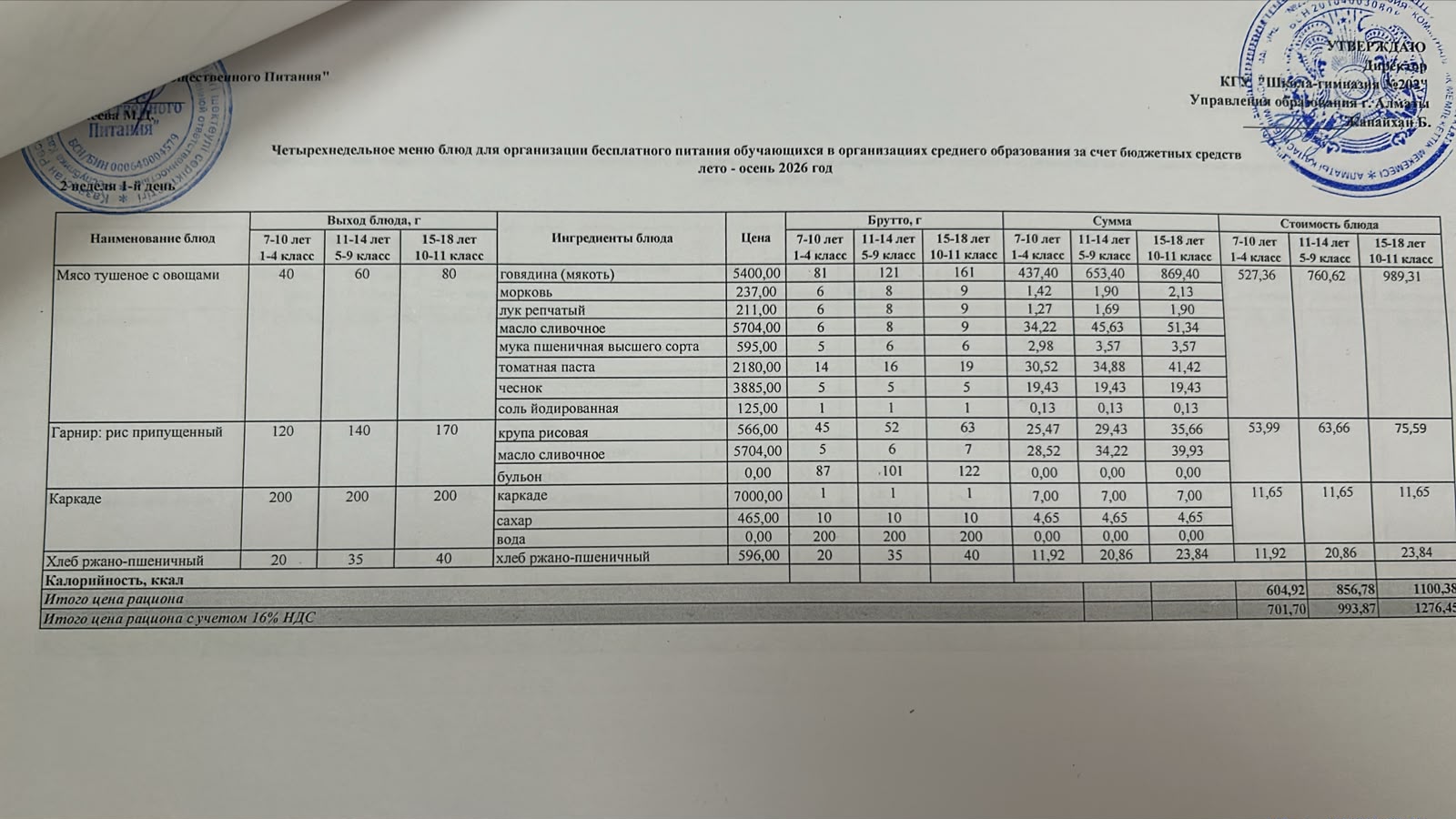 2026-2027 оқу жылындағы 5 қазан күніне берілген ас мәзірі