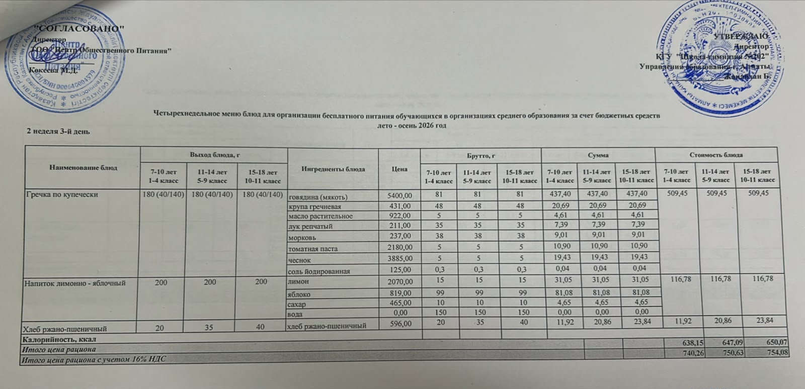 2026-2027 оқу жылындағы 7 қазан күніне берілген ас мәзірі
