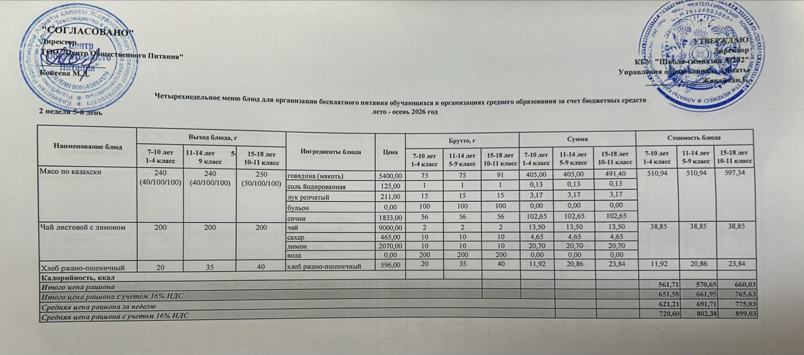 2026-2027 оқу жылындағы 9 қазан күніне берілген ас мәзірі