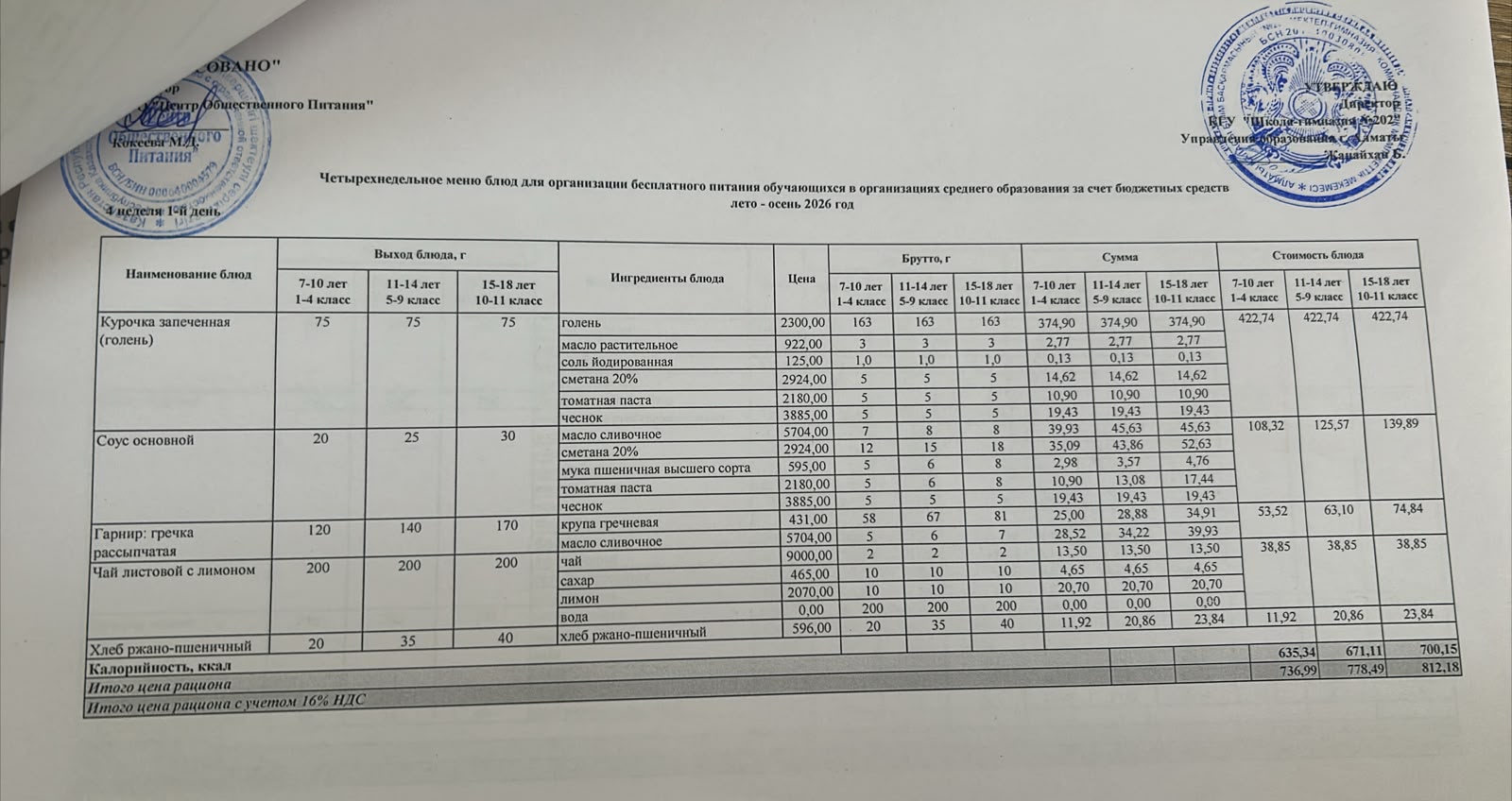 2026-2027 оқу жылындағы 19 қазан күніне берілген ас мәзірі