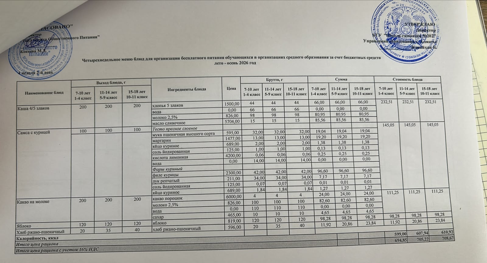 2026-2027 оқу жылындағы 20 қазан күніне берілген ас мәзірі